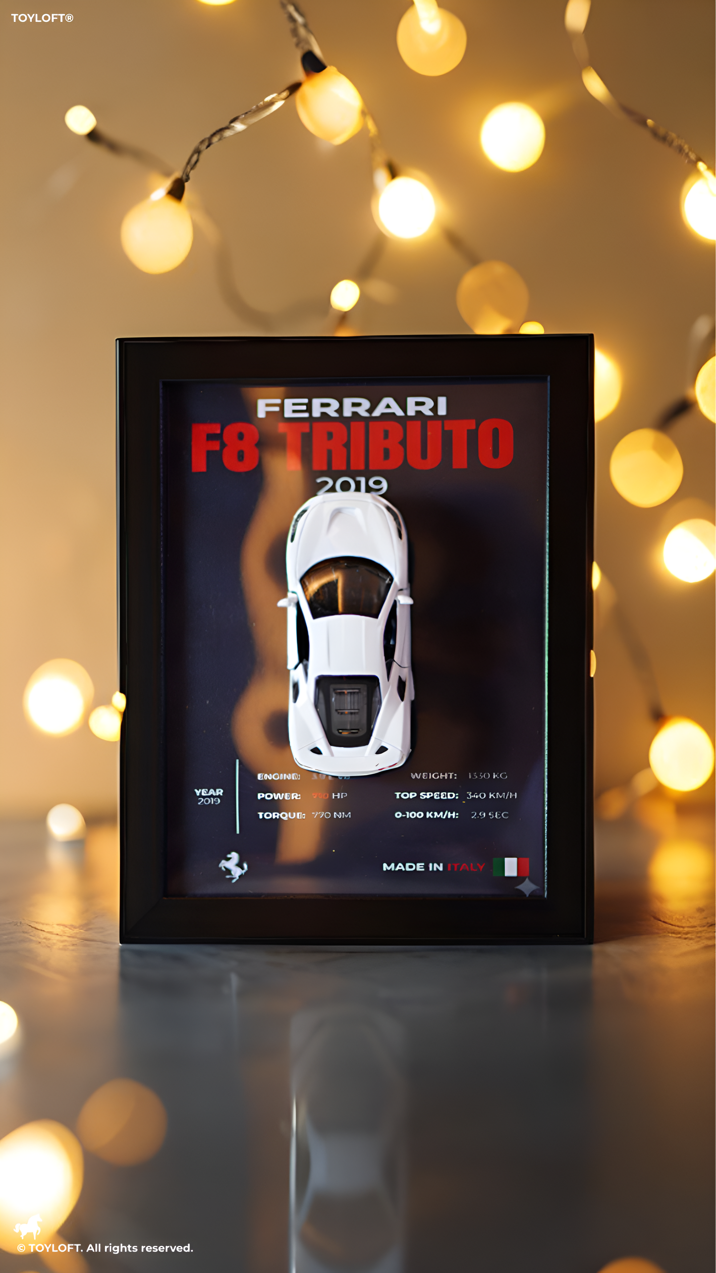 Ferrari F8 Tributo 2019 3D Frame Car Diecast Model – Luxury Sports Car Wall Display White.