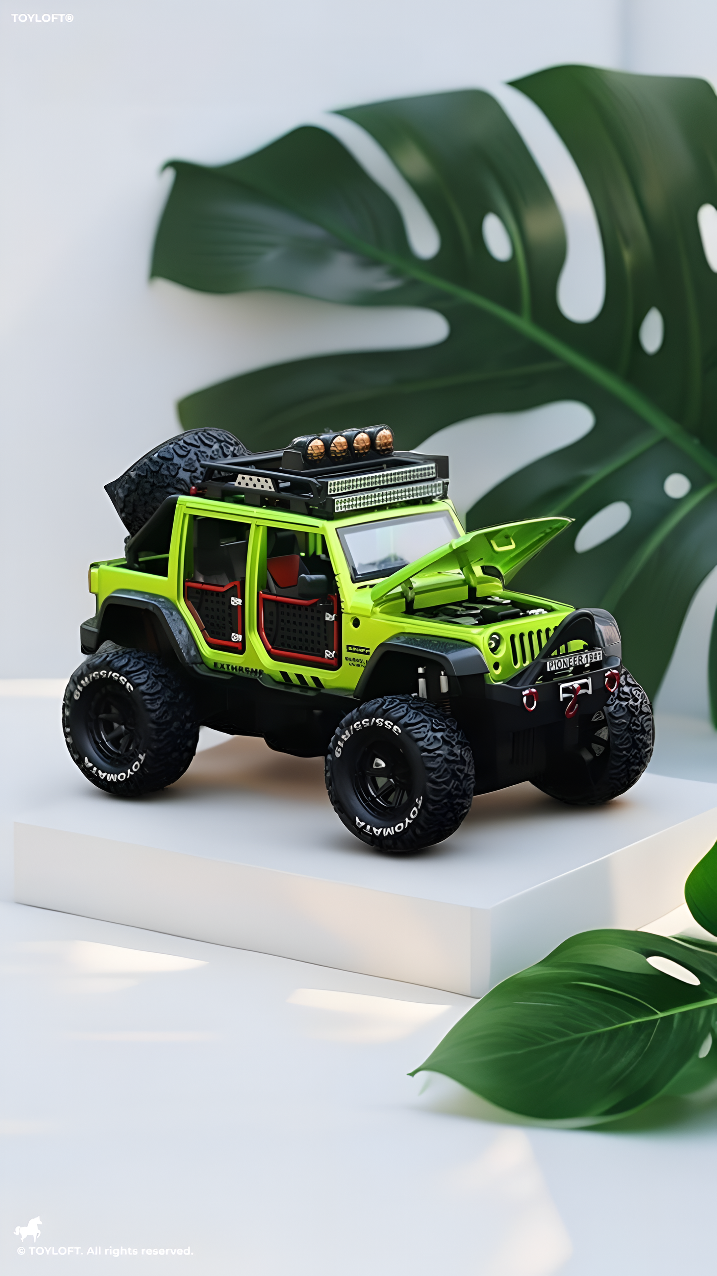 Green Die-Cast 1:24 Scale Off-Road Toy Jeep - White 4x4 Monster Truck with Openable Hood, Safari Roof Rack & Rubber Tires - Extreme Performance SUV Model for Kids & Collectors - Free Car Inside TV4028