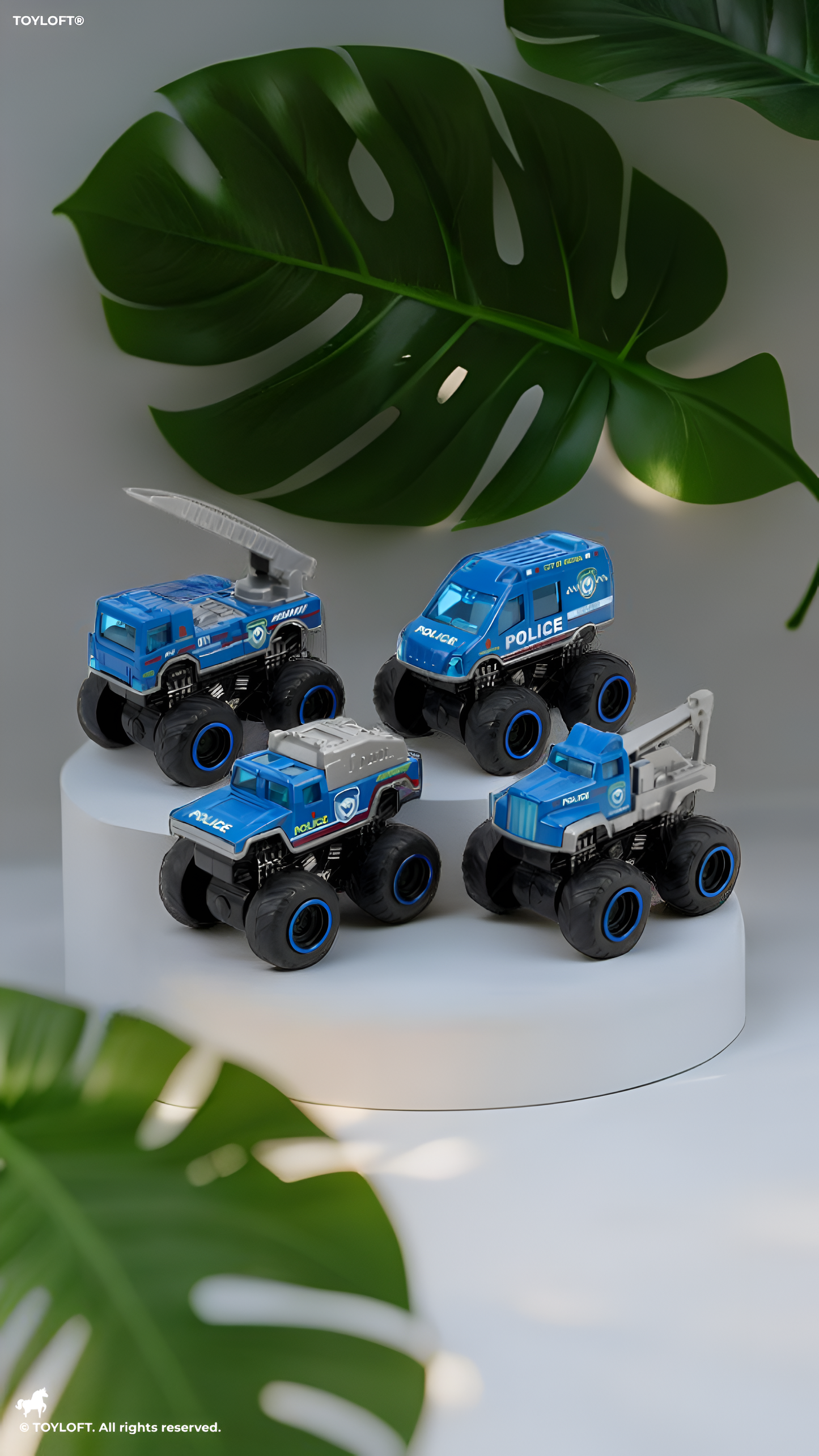 Alloy Monster Truck Pack of 4 with Police Speed Launcher – Heavy-Duty Vehicles with Inertia Drive NX16307