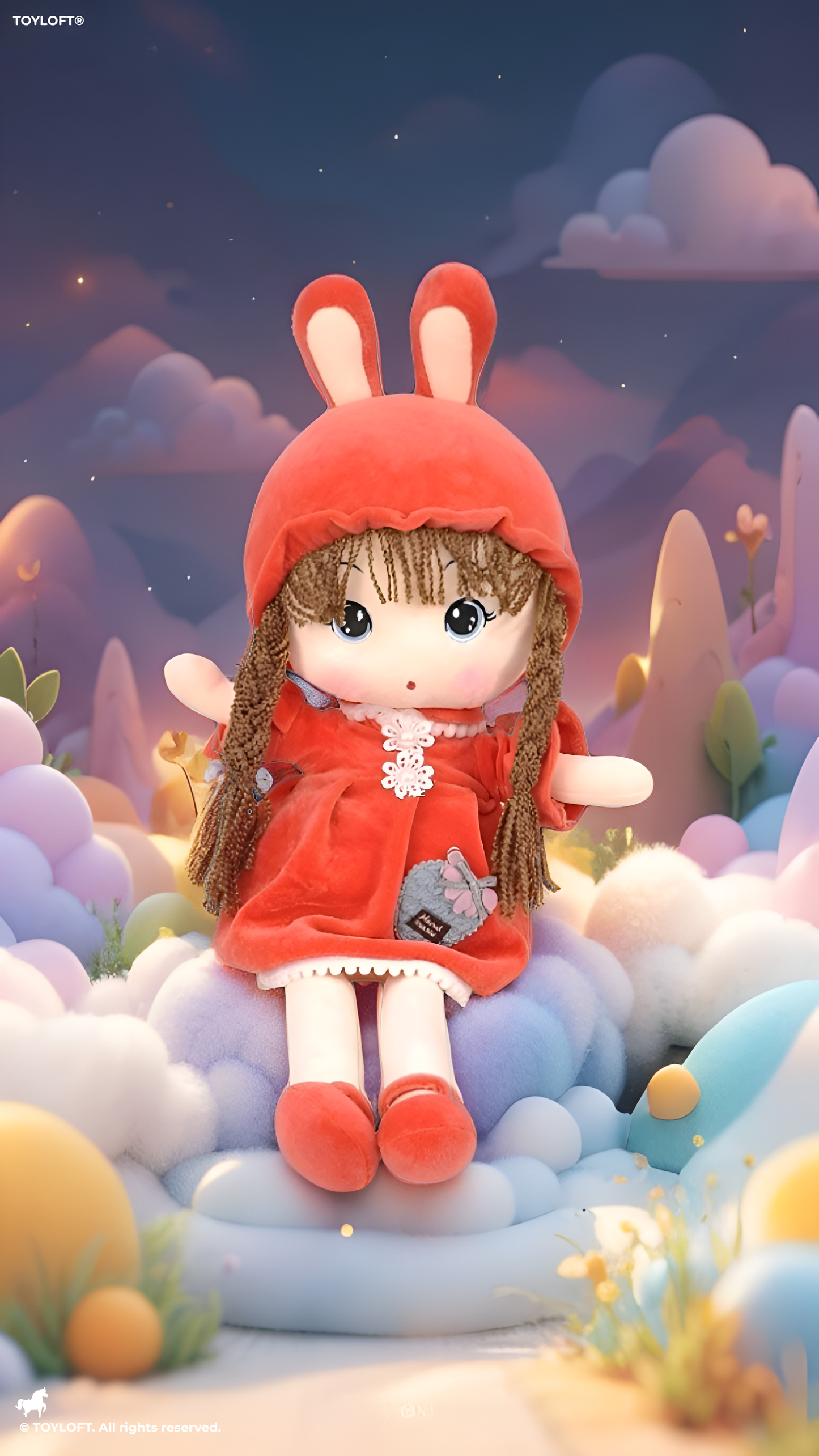 Rag Doll with Bunny Hood – Premium 45cm Plush Soft Cuddly Stuffed Toy Girl with Braided Hair & Red Velvet Dress – Ideal Gift for Kids, Toddlers & Baby Girls ST10942