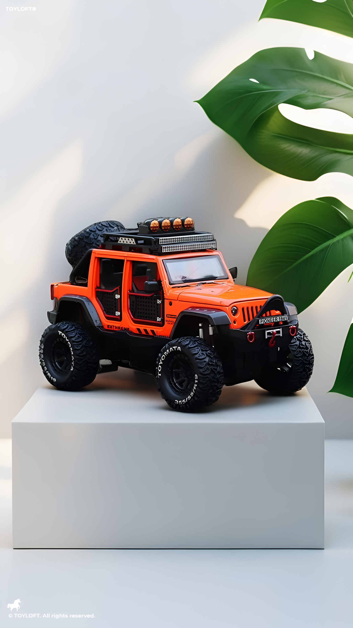 Orange Die-Cast 1:24 Scale Off-Road Toy Jeep - White 4x4 Monster Truck with Openable Hood, Safari Roof Rack & Rubber Tires - Extreme Performance SUV Model for Kids & Collectors - Free Car Inside TV4028