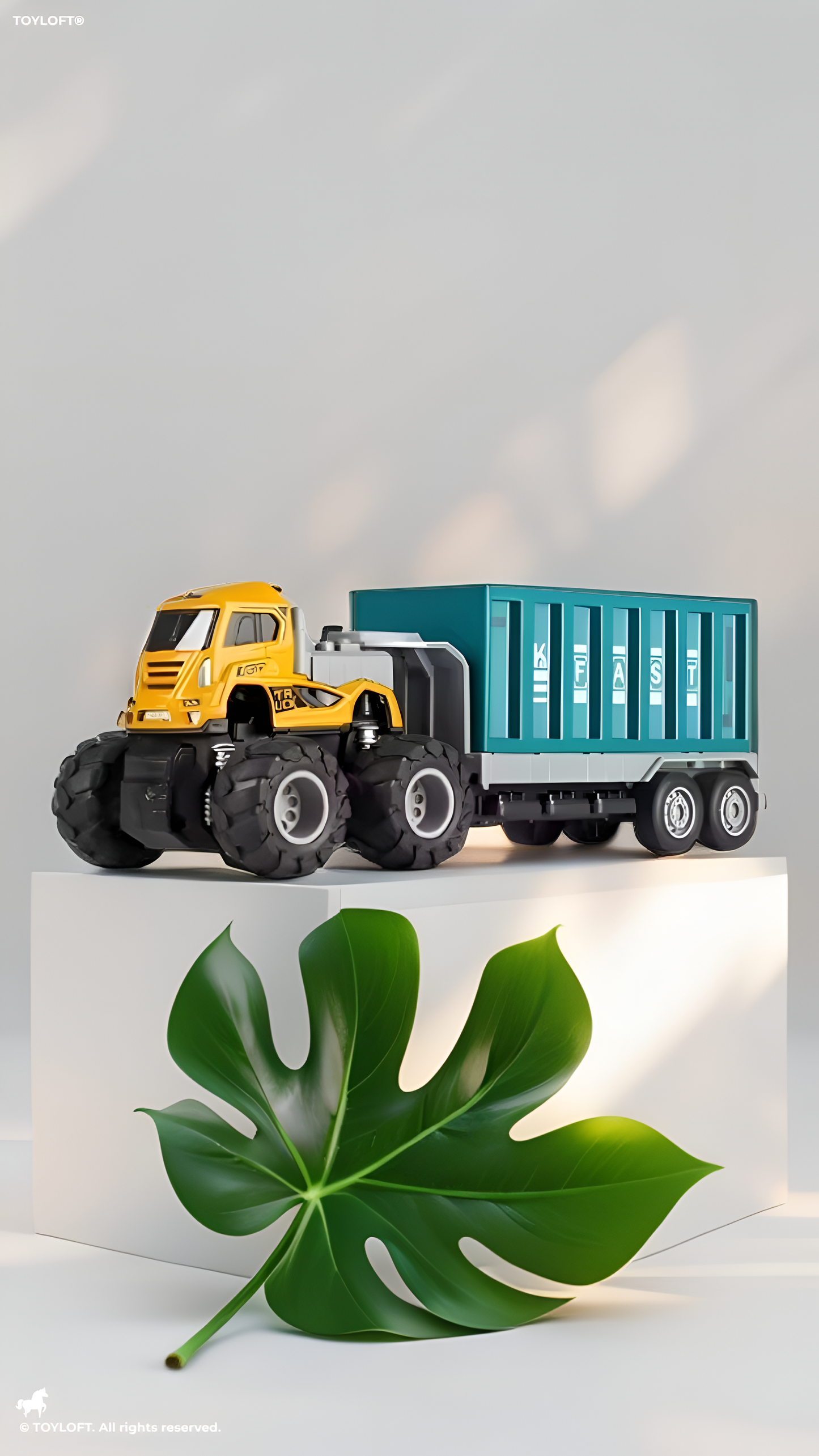 Monster Truck Toy with Container Trailer – 4WD Inertia Power, Die-Cast Metal Truck - Green.