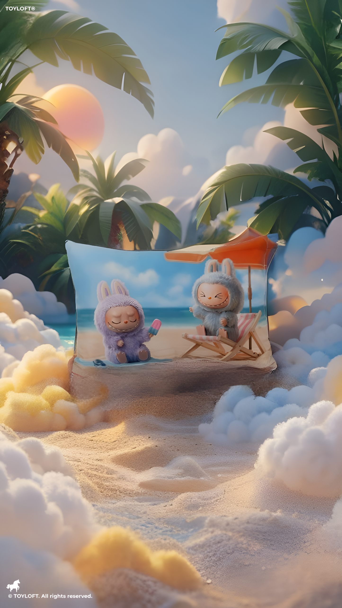 Labubu Summer Beach Throw Pillow – Cute Monster Plush Cushion with Popsicle Design, Soft Rectangular Decorative Pillow for Kids Room & Collectors ST11441