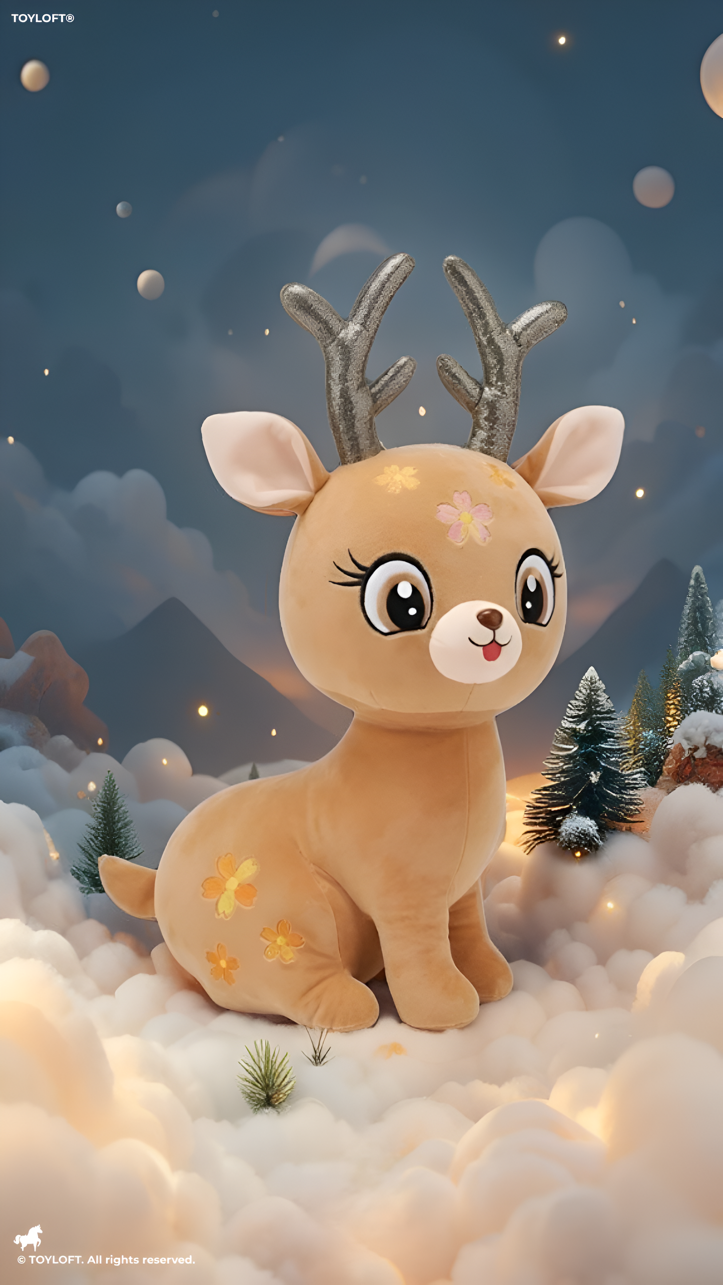 Reindeer Plush Toy – 8 Inch Soft Stuffed Deer with Sparkly Antlers & Floral Embroidery, Cute Holiday & Spring Gift for Kids and Toddlers ST11113