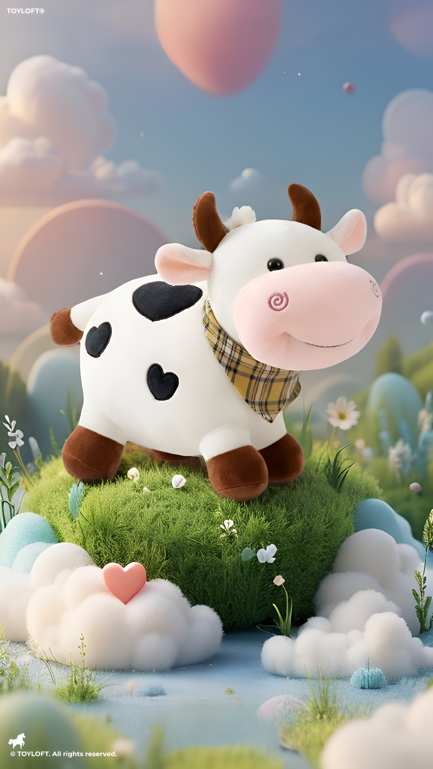 Spotted Cow Plush Toy – 15-Inch Heart-Soft Stuffed Animal with Plaid Bandana & Realistic 3-Inch Horns for Kids & Collectors ST14152