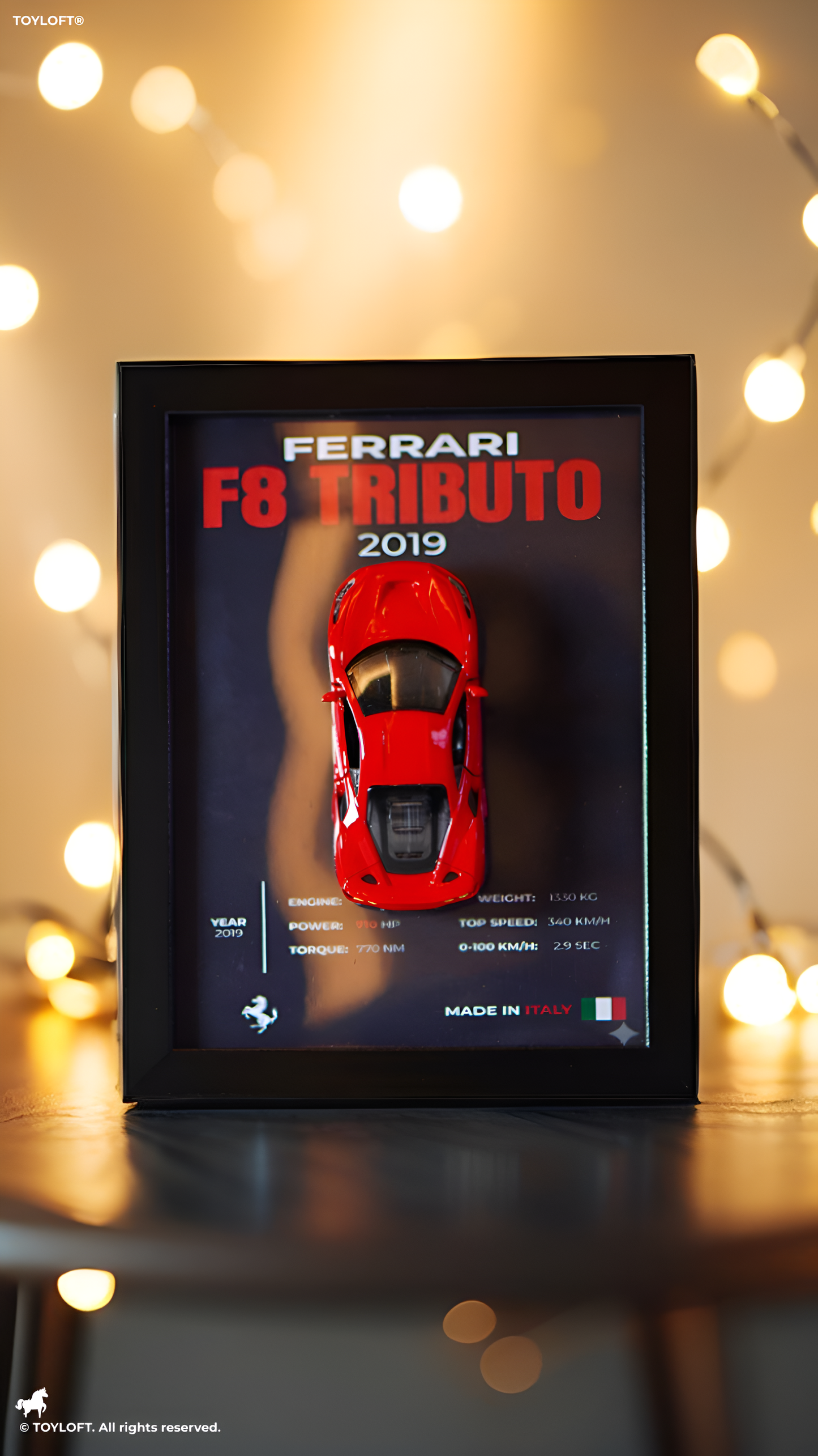 Ferrari F8 Tributo 2019 3D Frame Car Diecast Model – Luxury Sports Car Wall Display.