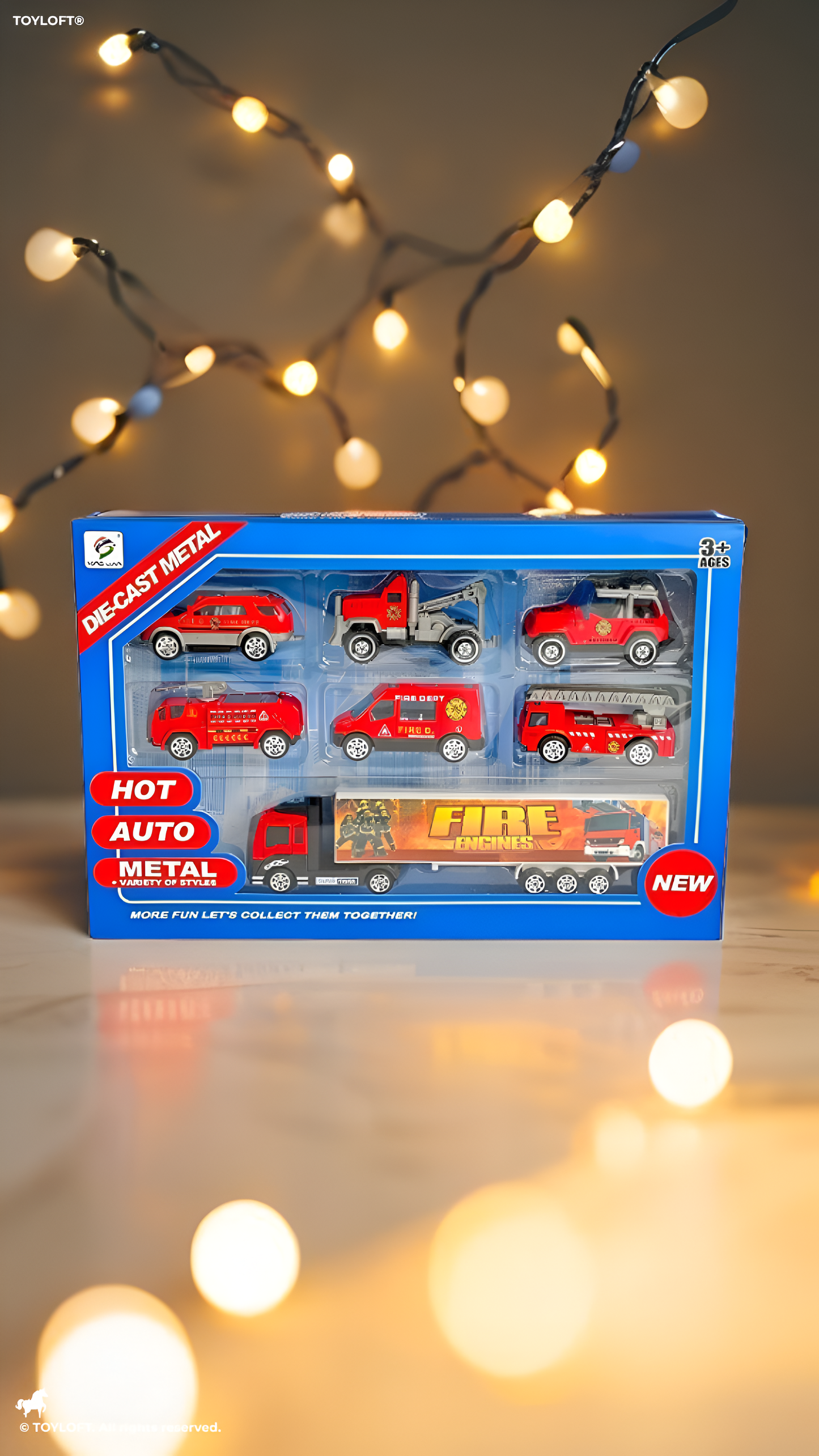 Die-Cast Metal Fire Rescue Toy Vehicle Set - 7-Piece Emergency Engine Collection with Large Transport Carrier Truck - Red Fire Trucks, SUV, & Tow Truck Play Set for Kids Ages 3+ TV5695
