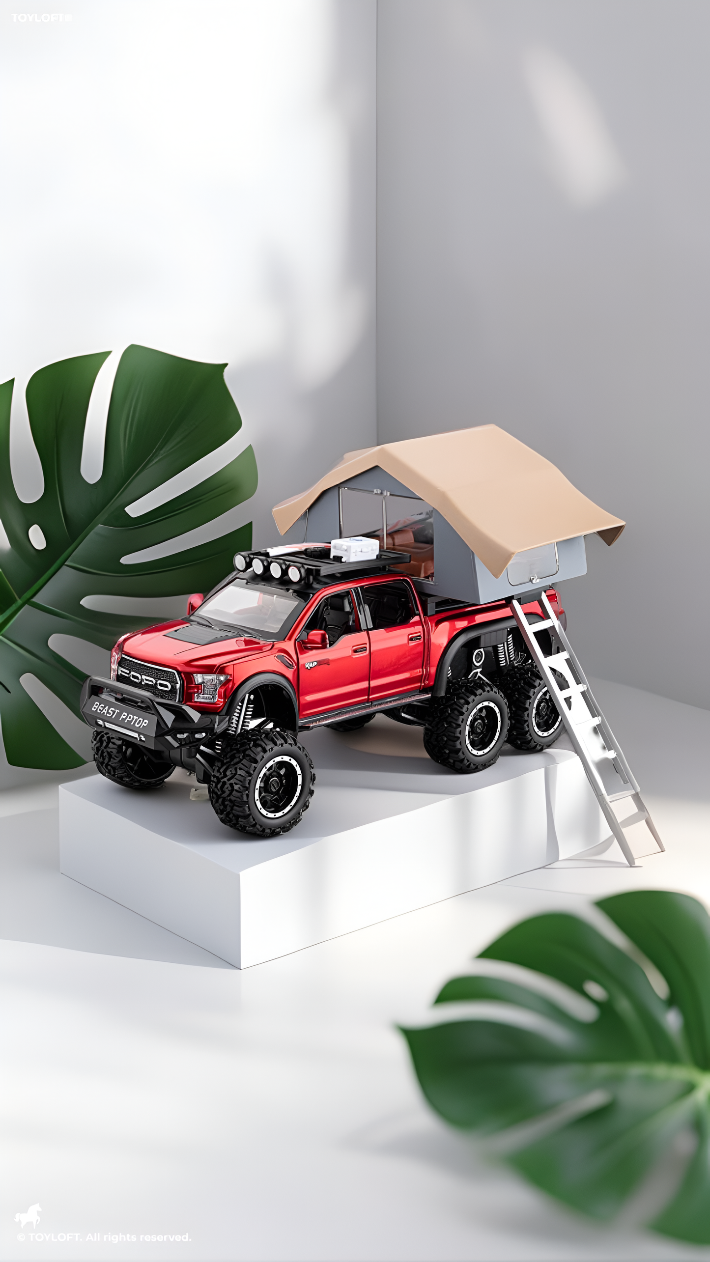 Ford Raptor 1:24 Diecast 6x6 Off-Road Pickup Truck Model with Rooftop Tent & Ladder – Red Overlanding Edition Beast Pickup Toy with Sound & Light LMI15678