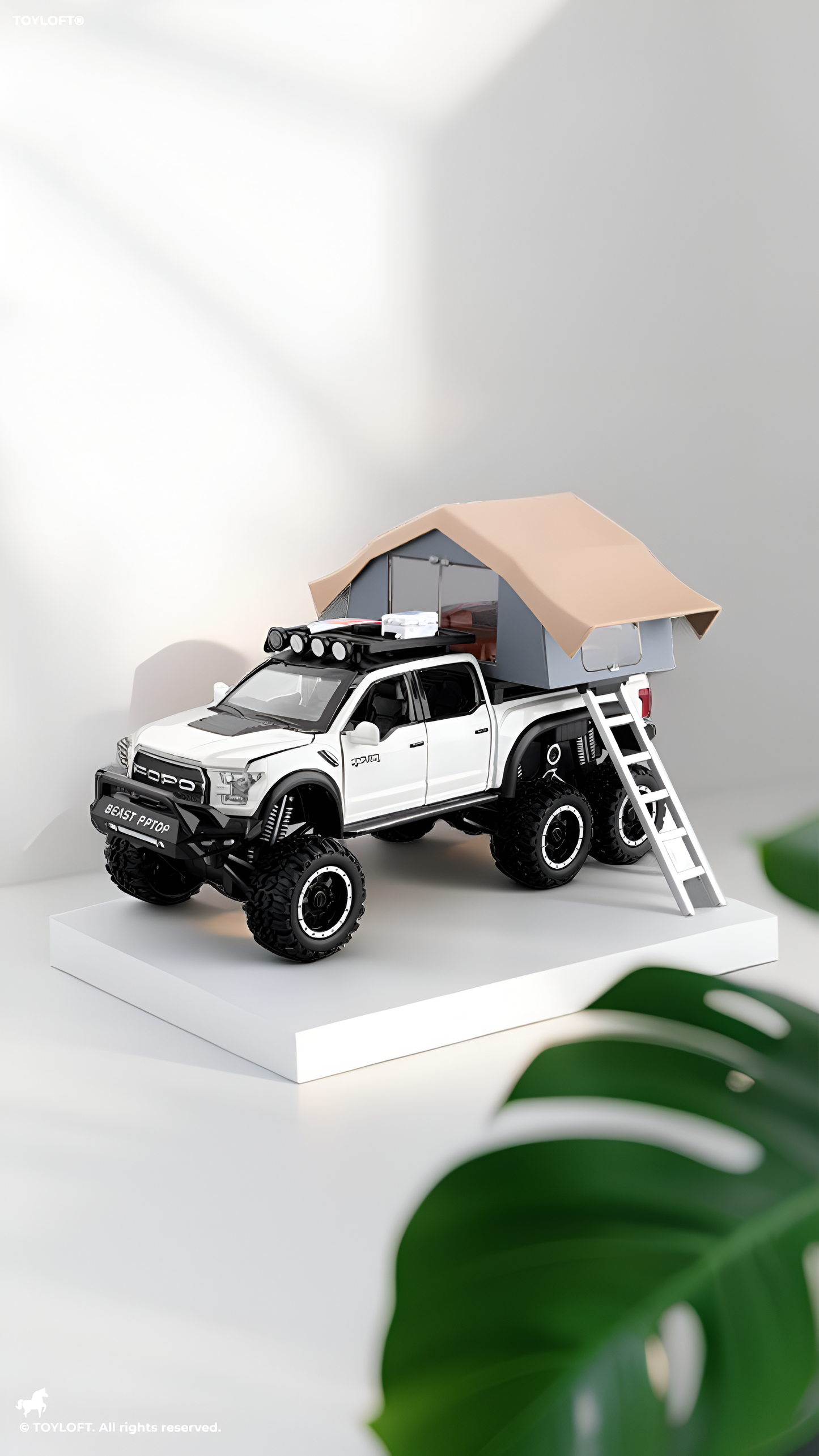 1:24 Diecast Ford Raptor 6x6 Off-Road Pickup Truck Model with Rooftop Tent & Ladder –White Overlanding Edition Beast Pickup Toy with Sound & Light LMI15678
