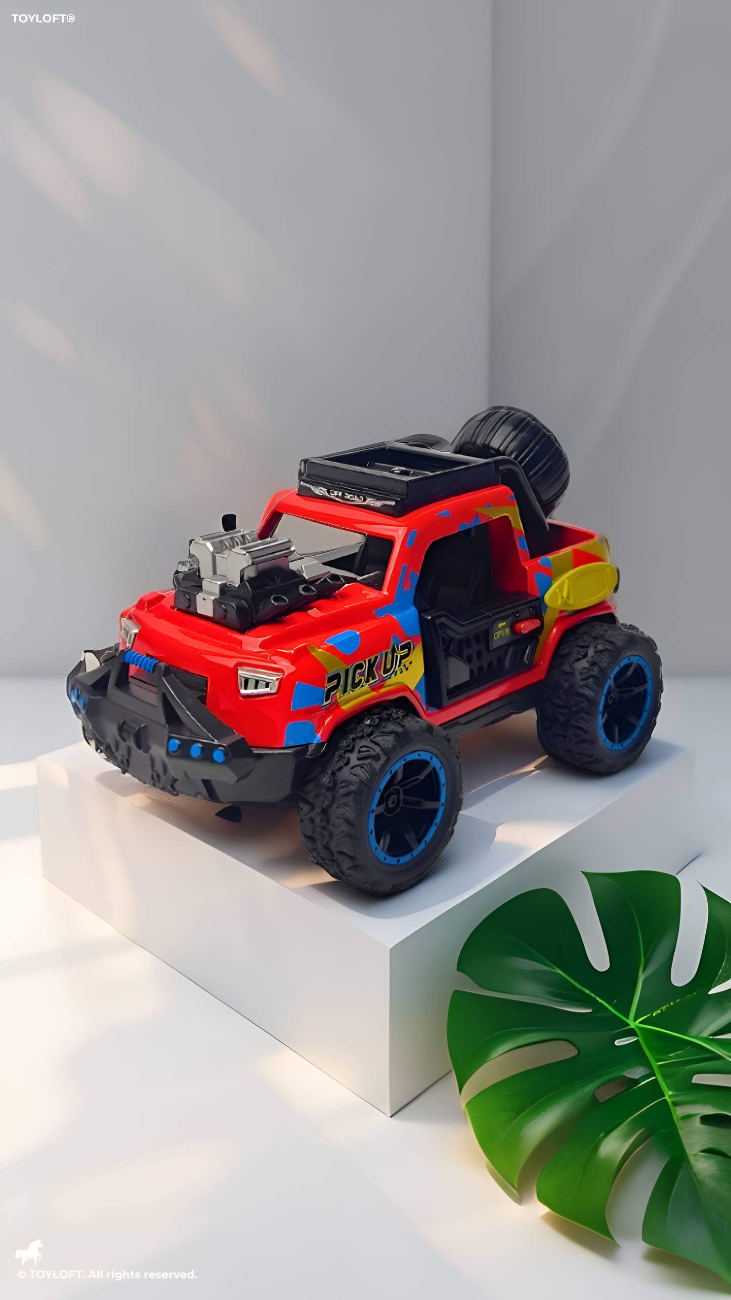 Off-Road Monster Pickup Toy Truck – Camo Design, Pull-Back Action, Spare Tire & Bull Bar Red LMI16430.