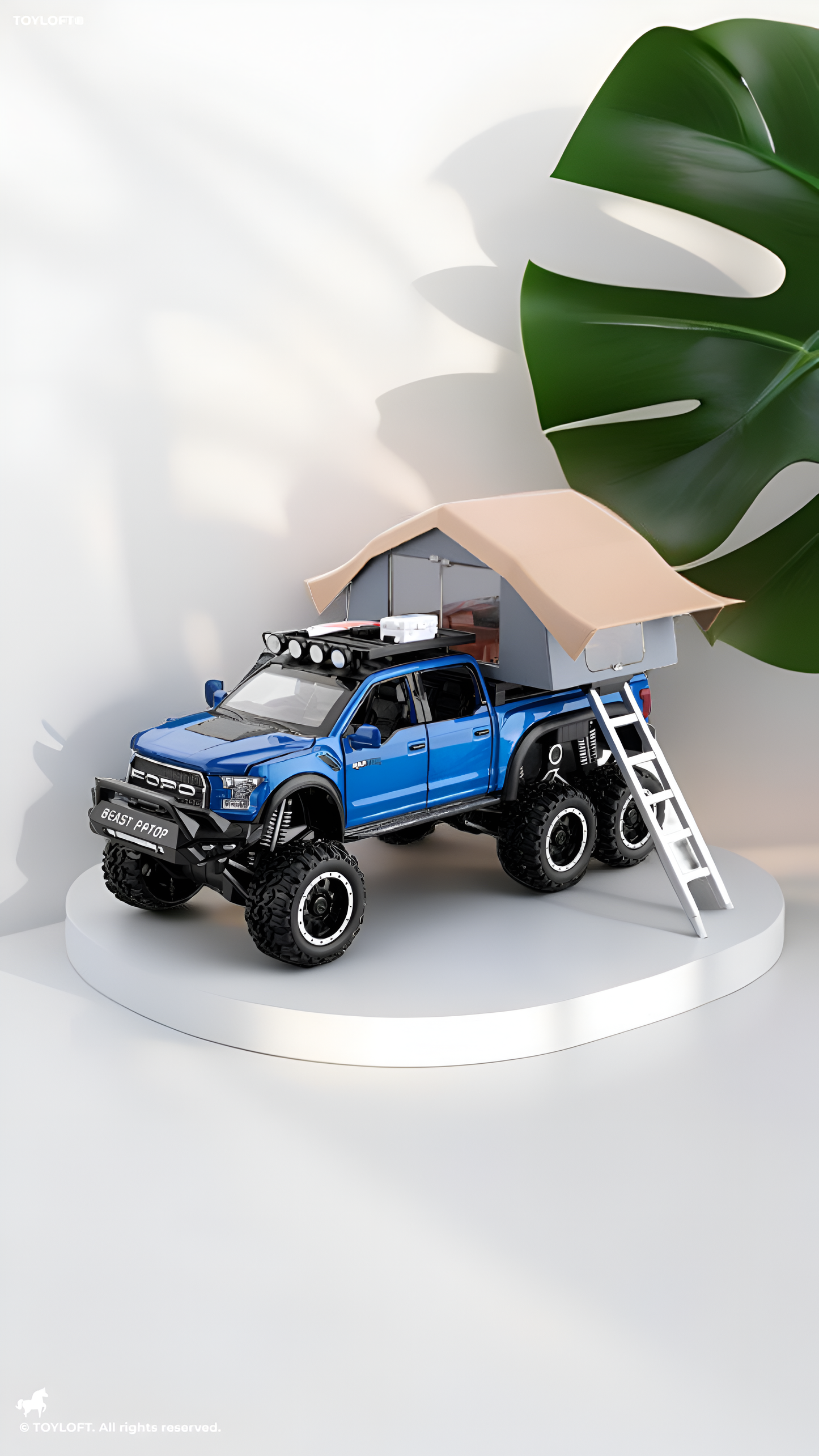 1:24 Diecast Ford Raptor 6x6 Off-Road Pickup Truck Model with Rooftop Tent & Ladder –Blue Overlanding Edition Beast Pickup Toy with Sound & Light LMI15678