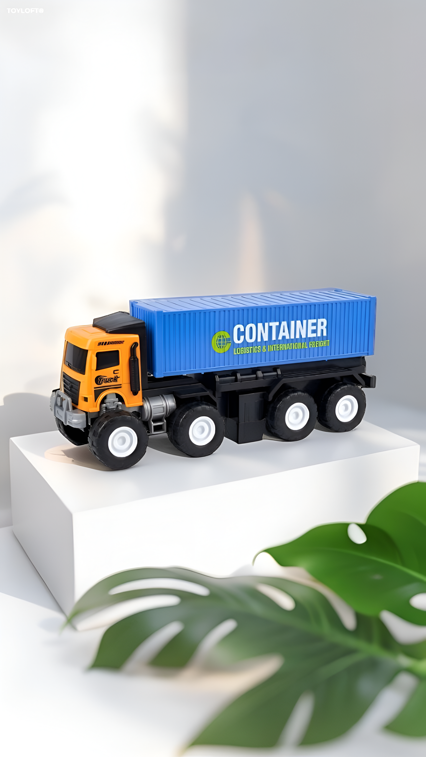 Heavy-Duty Friction Powered Container Truck Toy with Alloy Core Build, 8-Wheel Monster Tires & Durable Transport Design for Kids (Yellow & Blue) TV4472
