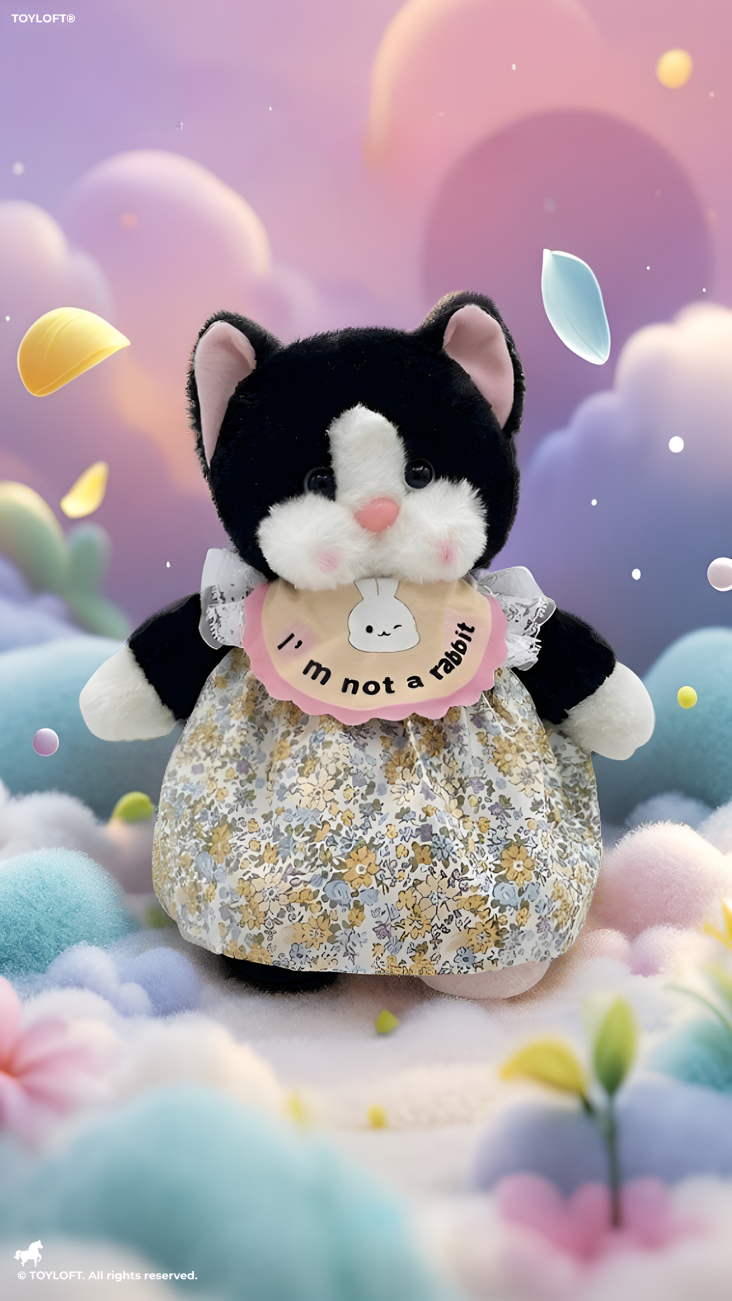 Cute Tuxedo Cat Plush Toy 45cm – Soft Stuffed Kitten Doll in Floral Dress with “I’m Not a Rabbit” Bib, Adorable Collectible Animal Gift for Kids & Cat Lovers ST15639