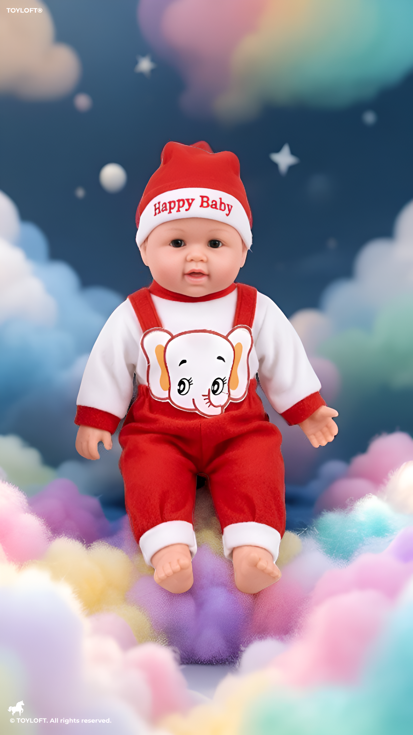 Soft Body Baby Doll in Red Elephant Overalls and "Happy Baby" Hat – Realistic Play Doll for Toddlers and Kids TV415