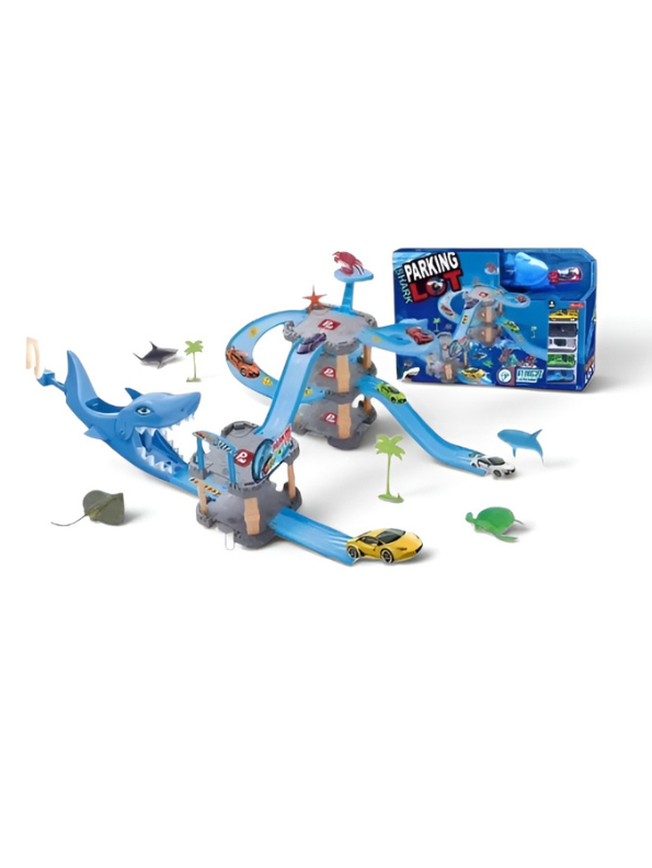 Shark Parking Lot Car Track Playset - Multi-Level Garage with Shark Launcher MD105.