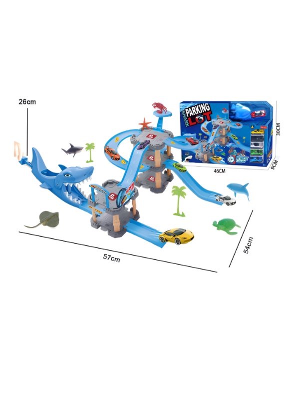 Shark Parking Lot Car Track Playset - Multi-Level Garage with Shark Launcher MD105.