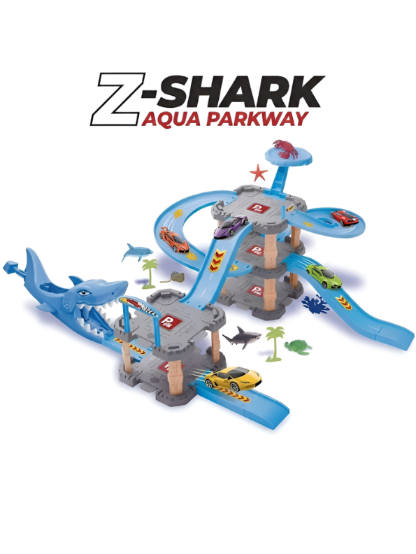 Shark Parking Lot Toy Car Track Set - 3-Level Race Track Garage Playset with Diecast Toy Cars, Shark Mouth Launcher, Connected Ramps, and Marine Animal Figures for Kids Ages 3+ TV2075