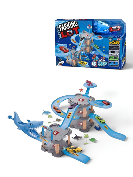 Shark Parking Lot Toy Car Track Set - 3-Level Race Track Garage Playset with Diecast Toy Cars, Shark Mouth Launcher, Connected Ramps, and Marine Animal Figures for Kids Ages 3+ TV2075