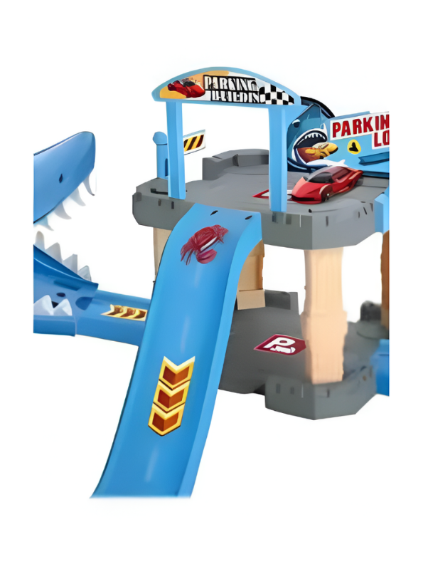 Shark Parking Lot Toy Car Track Set - 3-Level Race Track Garage Playset with Diecast Toy Cars, Shark Mouth Launcher, Connected Ramps, and Marine Animal Figures for Kids Ages 3+ TV2075