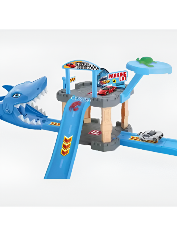 Shark Parking Lot Toy Car Track Set - 3-Level Race Track Garage Playset with Diecast Toy Cars, Shark Mouth Launcher, Connected Ramps, and Marine Animal Figures for Kids Ages 3+ TV2075