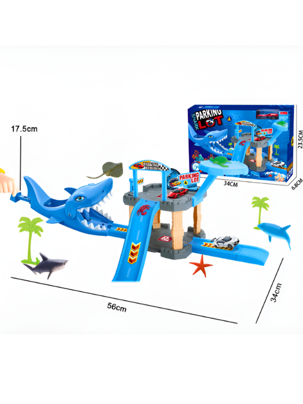 Shark Parking Lot Toy Car Track Set - 3-Level Race Track Garage Playset with Diecast Toy Cars, Shark Mouth Launcher, Connected Ramps, and Marine Animal Figures for Kids Ages 3+ TV2075