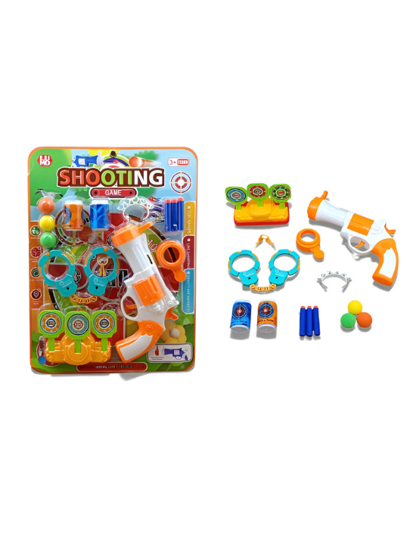 Shooting Game Toy Set with Soft EVA Bullets – Includes Toy Blaster, 3 Target Stands, 2 Target Cans, and Handcuffs for Safe Indoor Target Practice Orange NX15670.