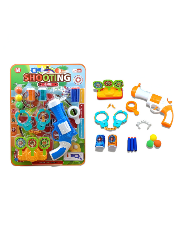 Shooting Game Toy Set with Soft EVA Bullets – Includes Toy Blaster, 3 Target Stands, 2 Target Cans, and Handcuffs for Safe Indoor Target Practice Blue NX15670.