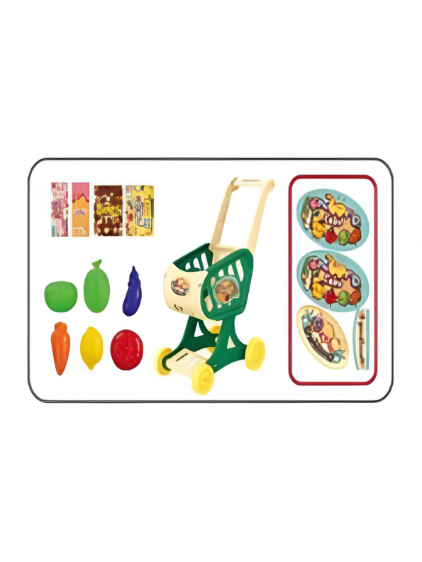 Shopping Cart Playset with Play Food & Grocery Accessories - Kids Pretend Supermarket Wagon Toy MD3648.
