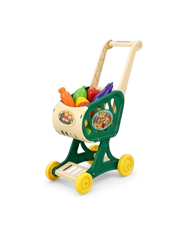 Shopping Cart Playset with Play Food & Grocery Accessories - Kids Pretend Supermarket Wagon Toy MD3648.