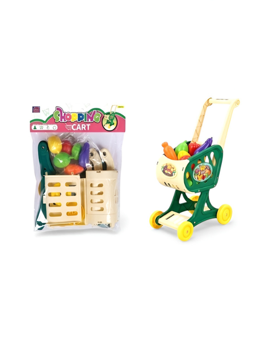 Shopping Cart Playset with Play Food & Grocery Accessories - Kids Pretend Supermarket Wagon Toy MD3648.