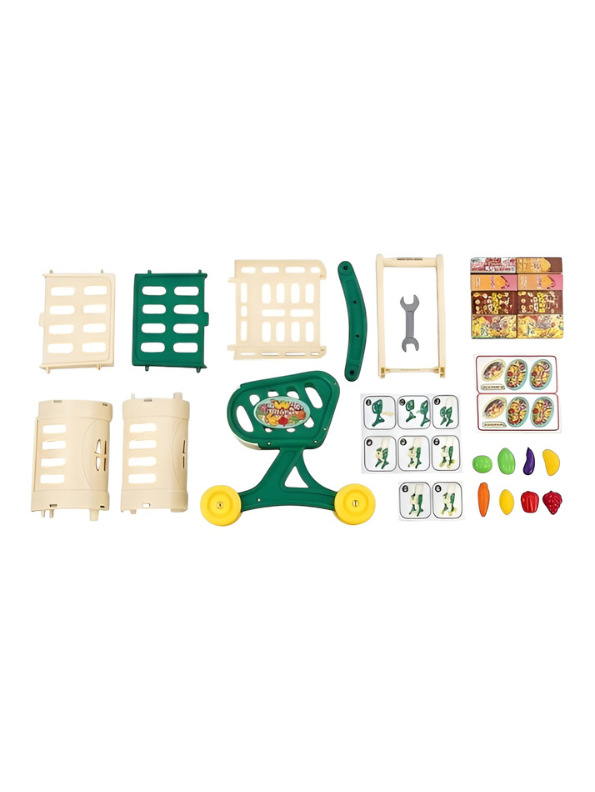 Shopping Cart Playset with Play Food & Grocery Accessories - Kids Pretend Supermarket Wagon Toy MD3648.