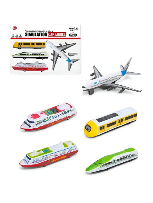 SimuRide Pull Back Action Pack – Airplane, Bus, Monorail, Ship & Cars for Kids | Dynamic Vehicle Simulation Set LMI15097.