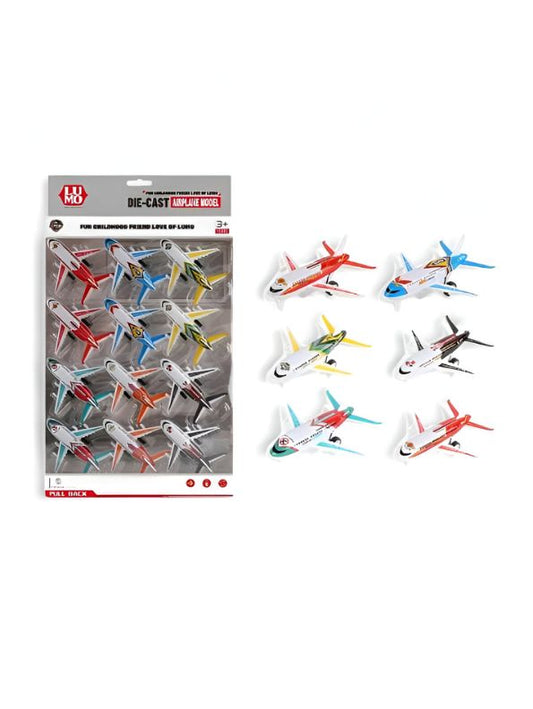 SkyZoom – 12 PCS Pull-Back Die-Cast Plane Set | Mini Metal Aircraft Toy Pack for Kids LMI15108.