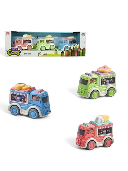 SnackRide – Pack of 3 Pull-Back Food Trucks for Kids | Colorful Mini Food Van Toy Set for Creative Street Play LMI14643.