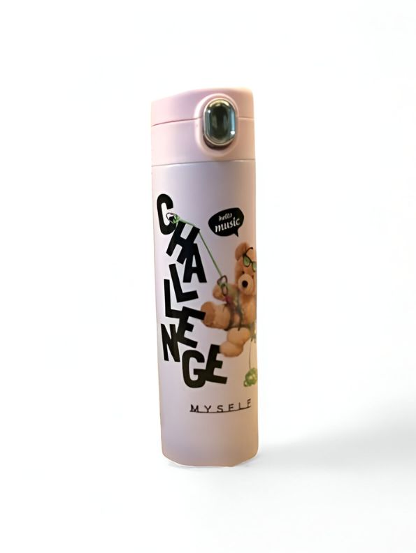 Pink - Snugbear –  Stylish Bear Print Stainless Steel Water Bottle – 500ml Push Button Leak-Proof Bottle for School & Outdoor Use NOV7121.