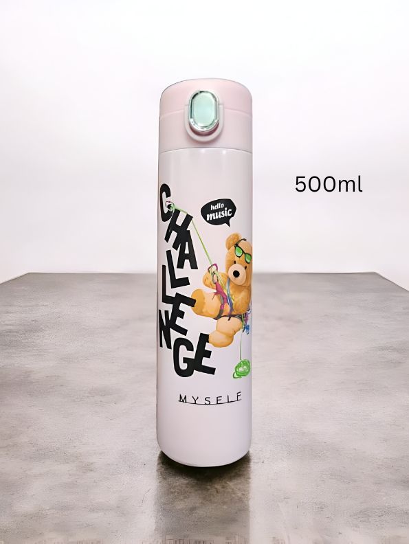 Pink - Snugbear –  Stylish Bear Print Stainless Steel Water Bottle – 500ml Push Button Leak-Proof Bottle for School & Outdoor Use NOV7121.