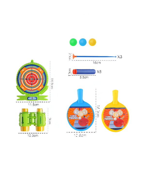 Soft Battle Blaster Gun Set – Soft Bullet Toy with Target, Scope, Darts, Balls, Binoculars & Mini Table Tennis Paddles LMI15207.
