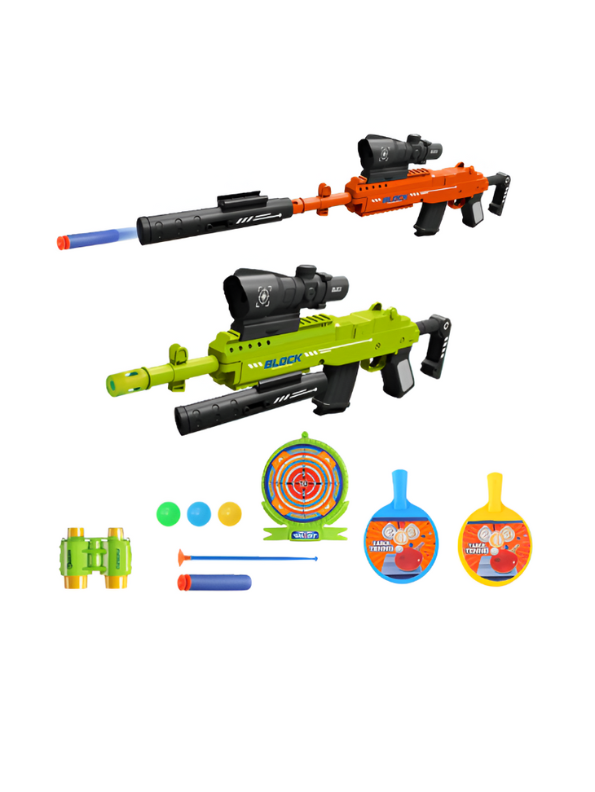 Soft Battle Blaster Gun Set – Soft Bullet Toy with Target, Scope, Darts, Balls, Binoculars & Mini Table Tennis Paddles LMI15207.