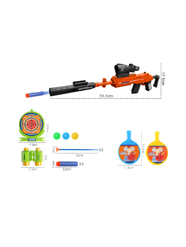 Soft Battle Blaster Gun Set – Soft Bullet Toy with Target, Scope, Darts, Balls, Binoculars & Mini Table Tennis Paddles LMI15207.