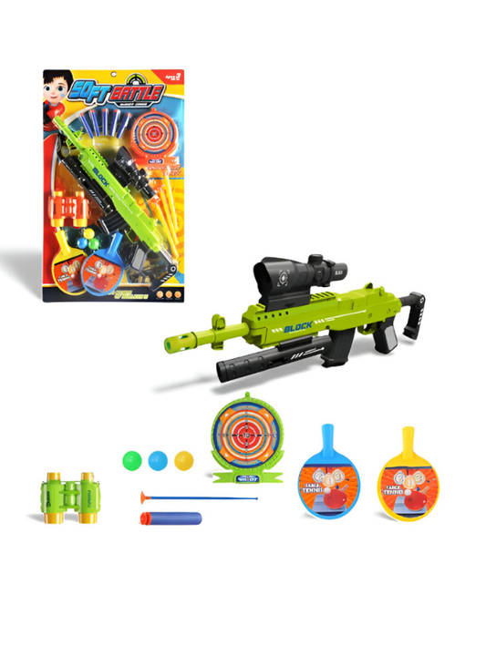 Soft Battle Blaster Gun Set – Soft Bullet Toy with Target, Scope, Darts, Balls, Binoculars & Mini Table Tennis Paddles Green LMI15207.