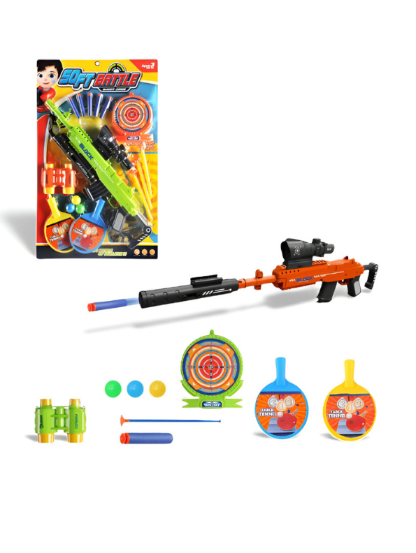 Soft Battle Blaster Gun Set – Soft Bullet Toy with Target, Scope, Darts, Balls, Binoculars & Mini Table Tennis Paddles LMI15207.