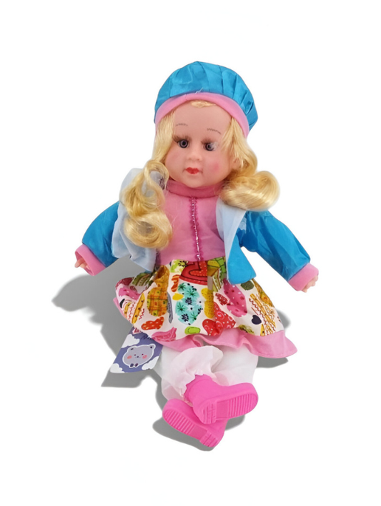 Soft Body Blonde Toddler Doll – Blue Beret, Jacket, Heart Print Skirt & Pink Boots LMI7705.