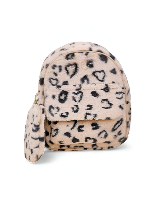 Soft Faux Fur Leopard Print Mini Backpack – Trendy Animal Print Fashion Bag for kids cream NOVGBT-50097.