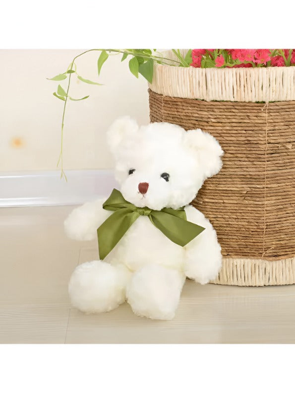 White - Soft Toy Bear with Green Ribbon - 8-inch Cute and Cuddly Teddy for Kids LMI11464.