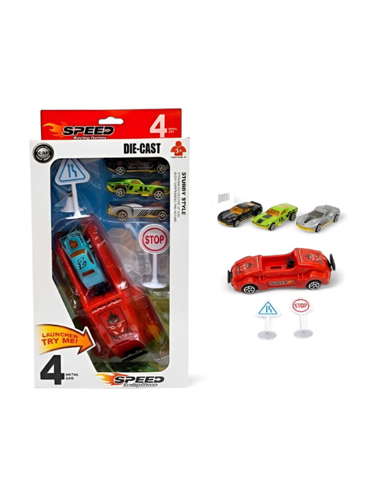 Speed Racing Hero 4-Piece Die-Cast Metal Toy Car Set with Launcher TV5015.