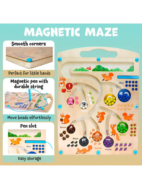 Squirrel Theme Wooden Magnetic Maze Board - Numbers & Colors Sorting Counting Activity Toy TV7117