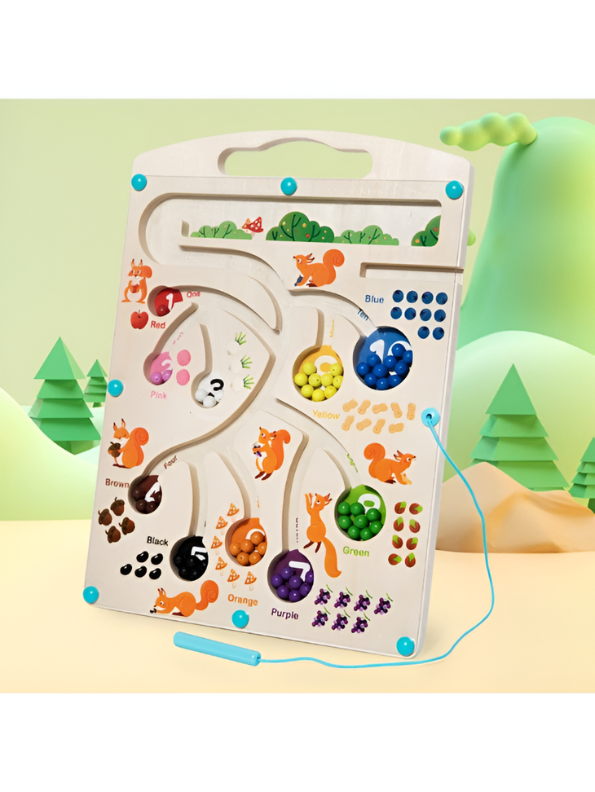 Squirrel Theme Wooden Magnetic Maze Board - Numbers & Colors Sorting Counting Activity Toy TV7117