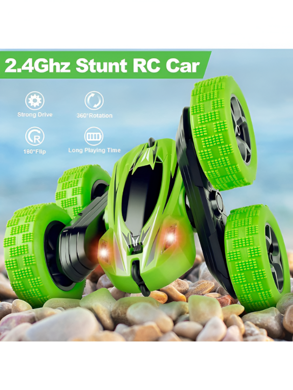 Green - Stunt Car - Remote Control Rechargeable Stunt Cids 360° Spins, Flips & Double-Sided Driving | LED Light-Up Wheels LMI15785.