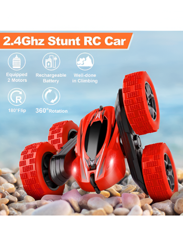 Red - Stunt Car - Remote Control Rechargeable Stunt Cids 360° Spins, Flips & Double-Sided Driving | LED Light-Up Wheels LMI15785.