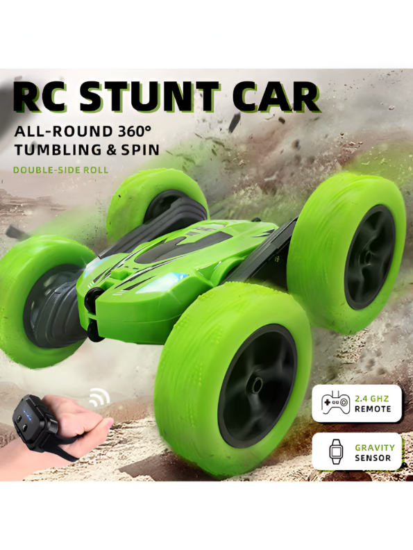 Green - Stunt Car - Remote Control Rechargeable Stunt Cids 360° Spins, Flips & Double-Sided Driving | LED Light-Up Wheels LMI15785.